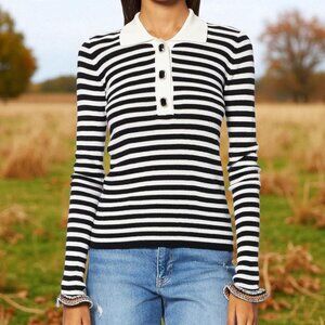 NWT PINKO ( SM ) Blk/White Striped Knit Long Sleeve Rhinestone Button Collar